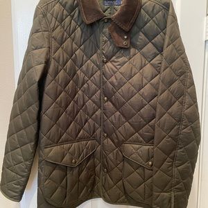 Polo Ralph Lauren Men’s LARGE quilted jacket Dark Olive w/brown trim NEVER WORN